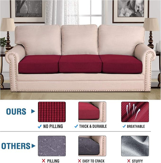 H.VERSAILTEX Super Stretch Couch Cushion Covers Sofa Cushion Slipcovers Jacquard Fabric Individual Seat Couch Slipcover Sets for Pets with Elastic Bottom(3 Packs Cushion Sofa Covers, Burgundy Red)
