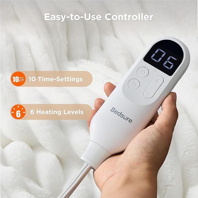 Bedsure Electric Blanket Full Size - Thick Striped Flannel Heated Blanket with 6 Heat Settings, 10 Time Settings, 8-Hour Timer Auto Shut Off, Gift for Grandma (72x84 inches, White)