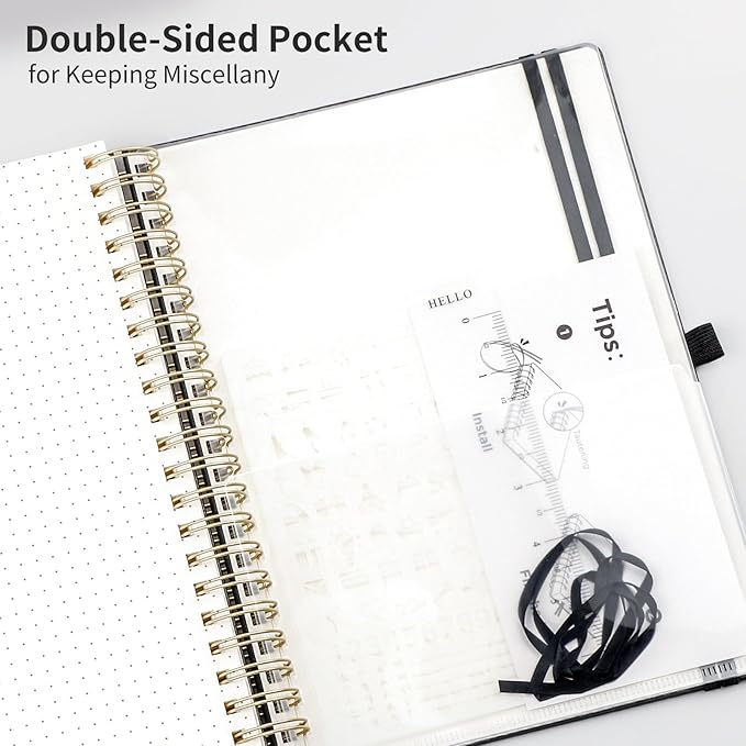 EMSHOI Bullet Dotted Journal Spiral Notebook - 300 Pages, B5 Hardcover Leather, 100 GSM Thick Dot Grid Notebook for Women Men Work Writing, Bullet Journaling, Drawing, 7.48" x 10.15", Black