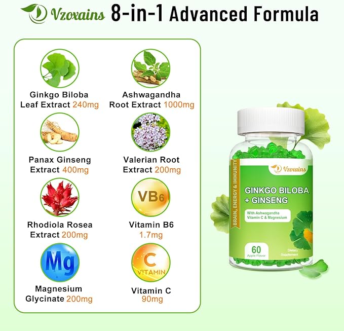 Ginkgo Biloba Gummies with Ginseng and Magnesium, Ginko Biloba Supplements Gummies for Brain Focus, Mood and Memory for Adults, 60 Cts