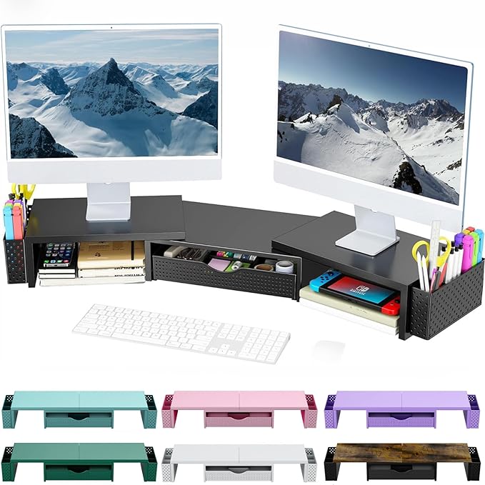 Spacrea Metal Desk Organizers and Accessories, Dual Monitor Stand Riser with Drawer and 2 Pen Holders, Desk Accessories & Workspace Desktop Organizers for Office Supplies (Black)