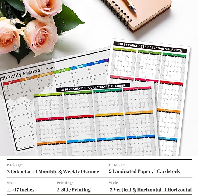2026 Full Desk Calendar- 11 x 17 Inches，2 Pack Wall/ Desk Calendar 12 Moth of 2 Sided Vertical and Horizontal Reversible , 1 Pack Dry/Wet Erase Monthly and Weekly Planner for Office, School, Home (White)