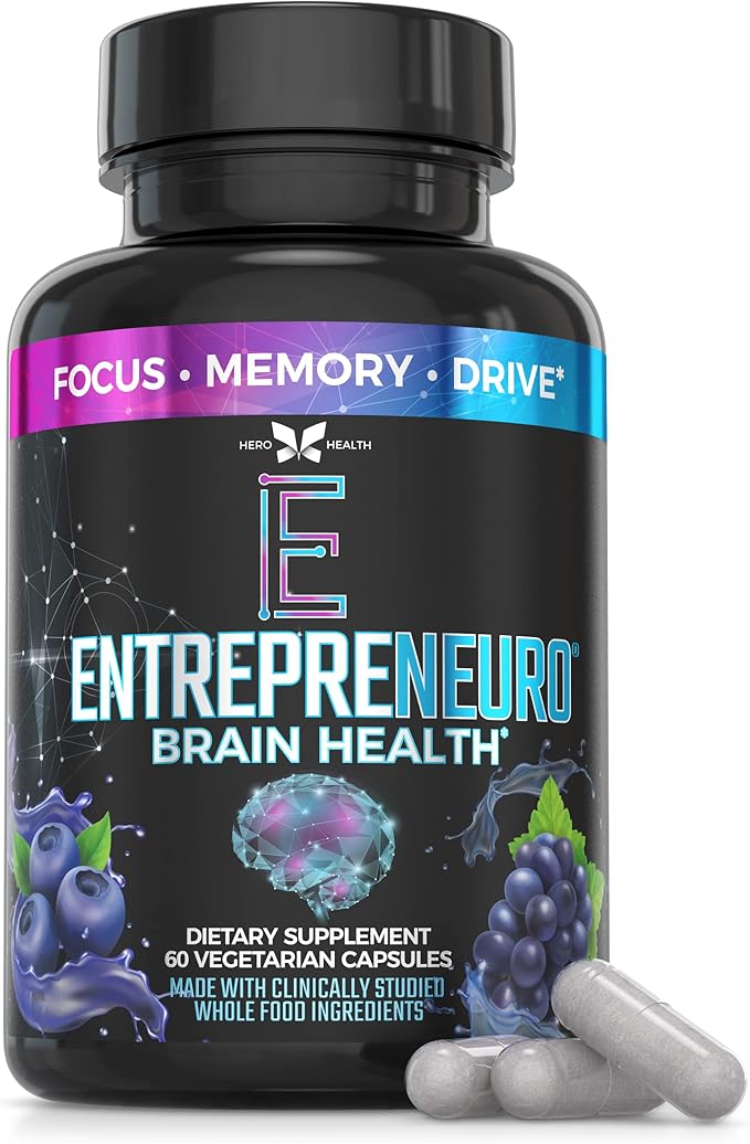 Hero X Health | Entrepreneuro Nootropic Brain Booster with Ginkgo Biloba, Memophenol and L-Theanine - Brain Supplement for Focus, Memory Support, Clarity & Energy - Nootropics Brain Support Supplement