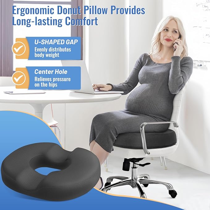 CloudBliss Donut Pillow Seat Cushion Chair Pad for Tailbone Pain Relief and Hemorrhoids, Memory Foam Seat Chair Cushion for Men and Women for Home & Office, (Grey-2XL)
