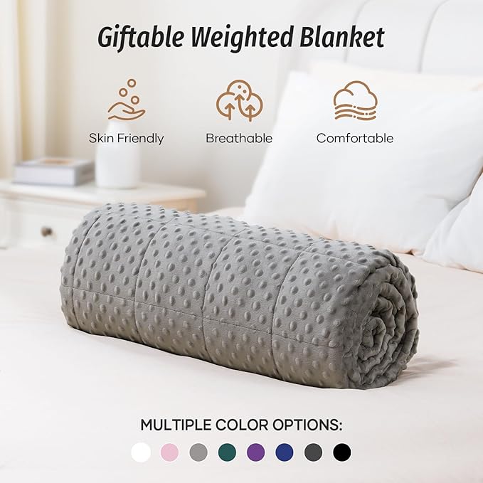 Wemore Minky Dot Weighted Blanket for Adults Twin Size 15 lbs, Soft Cozy Heavy Blanket for Stress Relief and Sleep Promotion, Breathable Blanket for All-Season with Glass Beads, Grey 48 x 72 inches