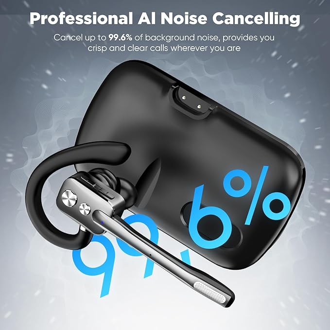 Bluetooth Headset, Wireless Bluetooth Earpiece with Dual-Mic & Noise Canceling, Single Ear Headset with Mute for Business, Remote Work, V5.3 Hand-Free Headset for iOS Android Cell Phone (Gunmetal)