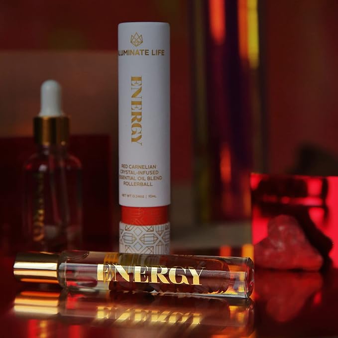 Essential Oil Rollerballs, .34 OZ, Energy - Red Carnelian Crystal Infused - Scents of Lemon, Grapefruit, & Bergamot - Aromatherapy Roll On Oils, Skin Care, Massage