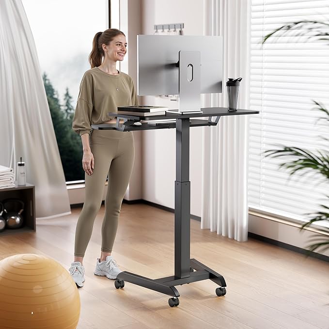 Standing Rolling Desk-Height Adjsutable up to 47.2' Rolling Podium for Teachers, 31.2'× 27.5' Dual Tier Sanding Desk for Classroom, Moveable Laptop Cart, Teacher Podium with Wheels, Black