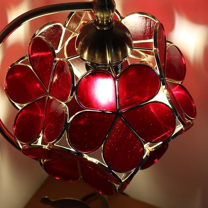 Bieye L10874 Tiffany Style Stained Glass Flower Petal Table Lamp with Brass Base for Home Décor (Red, 8" Cherry Blossom)