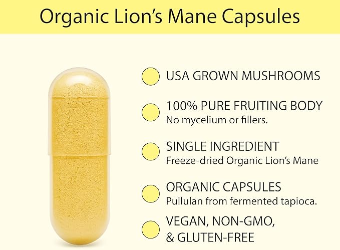 KOYAH Organic Lion's Mane Capsules - USA Grown, 100% Fruiting Body, Freeze-Dried, 3rd Party Tested for Beta-Glucans, 500 mg, Non-GMO, Vegan. Brain & Nerve Support. Immune Support. 60 Capsules