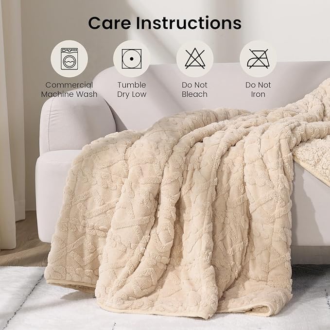 Weighted Blanket Full Size, Adult Weighted Blankets 15lbs with Doubled-Sized Shaggy Sherpa, Soft Plush Jacquard Bed Blanket for Sleep Natural and Relaxing, Ceramic Beads, Beige, 48 * 72 15lbs