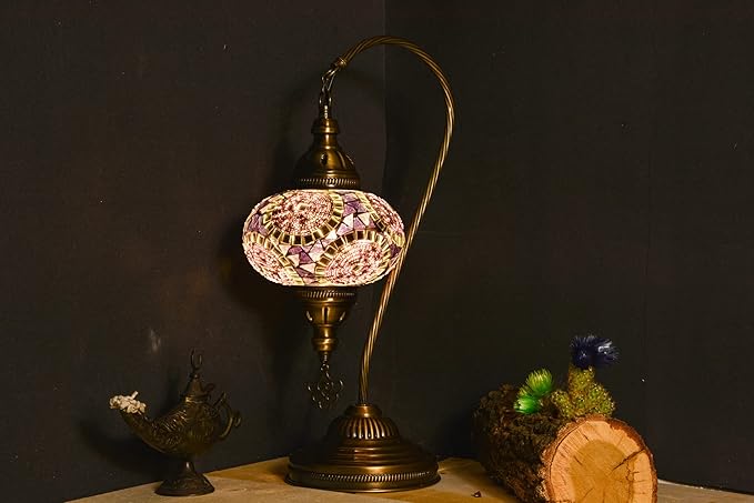 mozaist Tiffany Style Mosaic Table Lamp, Turkish Moroccan Authentic Desk Light for Rustic Living Room Decor, Handmade Vintage Antique Mosaic Decorative Light with E12 Socket & US Plug (Purple)
