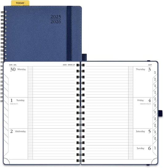 POPRUN Planner 2025-2026, Horizontal Weekly Notebook Jul.25-Jun.26 (Medium 6.75''x 8.75''), Academic Calendar Book with Monthly Tabs, Spiral Soft Cover, Inner Pocket, 100 GSM - Navy Blue