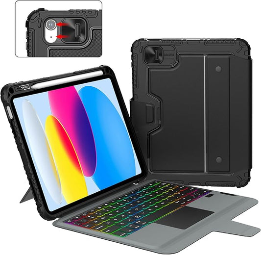 Nillkin for iPad A16 11th 10th Generation Case with Keyboard, Slide Camera Cover, 7-Colors Backlit Detachable Wireless Keyboard with Pencil Holder and Multi-Touch Trackpad for iPad (A16) 11th/10th Gen