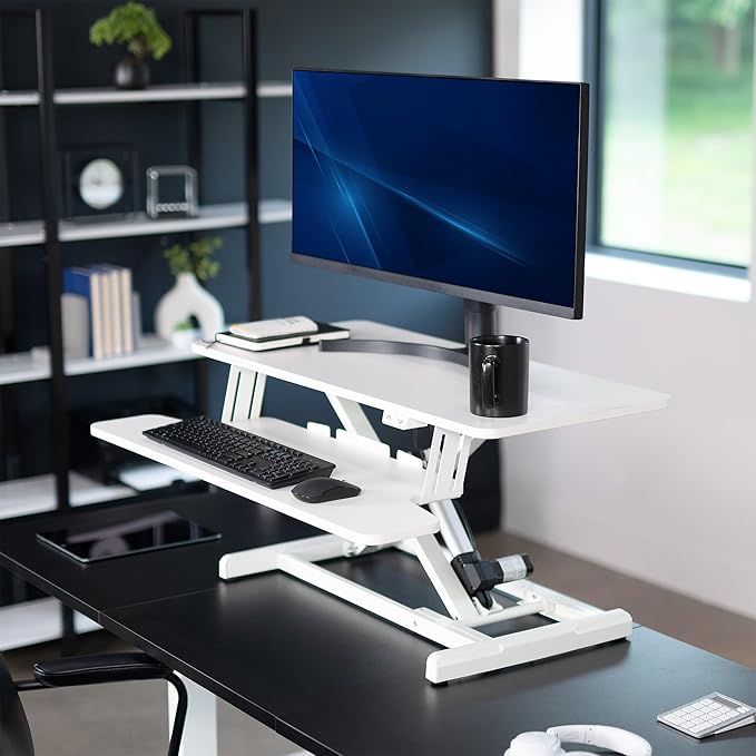 VIVO 36 inch Electric Motor Desk Converter, Height Adjustable Riser, Sit to Stand Dual Monitor and Laptop Workstation with Wide Keyboard Tray, White, DESK-VE36W