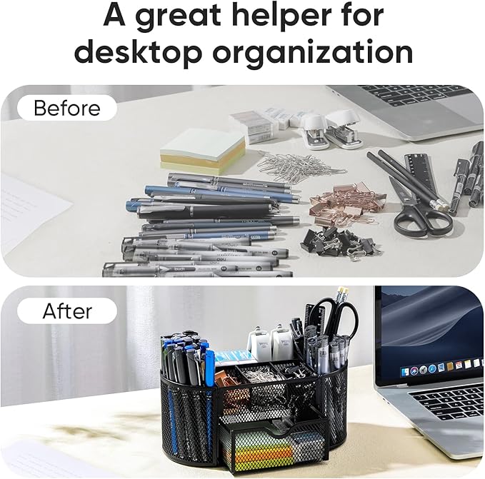 deli Mesh Desk Organizer Office Desktop Organizer with Drawer, Metal Stationary Organizer Desk Caddy Pen Holder, 8 Compartments, Black