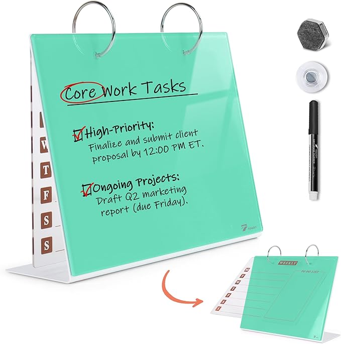 Desktop Glass Dry Erase & Acrylic Aesthetic Calendar Weekly to-do List Combo, Small Magnetic Standing Whiteboard, Desk Flip Easel Calendar with Accessories for Home Office Supply, Mint Green, 9 x 7''