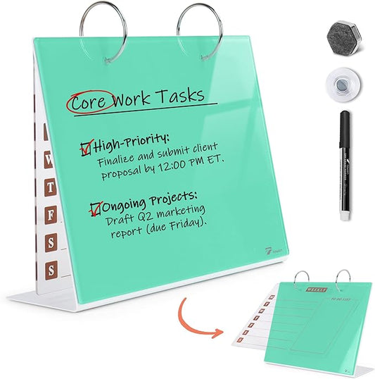 Desktop Glass Dry Erase & Acrylic Aesthetic Calendar Weekly to-do List Combo, Small Magnetic Standing Whiteboard, Desk Flip Easel Calendar with Accessories for Home Office Supply, Mint Green, 9 x 7''
