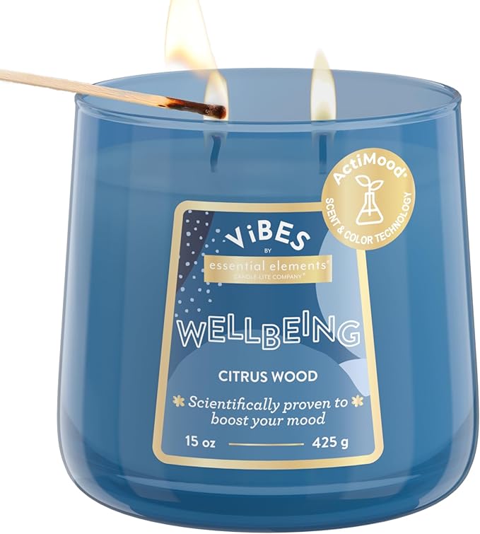 Candle-Lite Vibes Citrus Wood Mood-Enhancing Scented Candles, 15 oz Jar, Aromatherapy, Proudly Poured in The USA, 2-Wick, 86 Hours Burn Time, Perfect Relaxation Gift