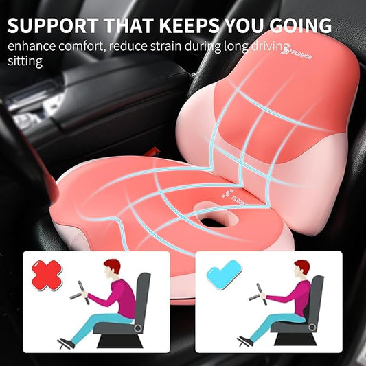 FLORICH Memory Foam Car Seat Cushion and Lumbar Support Pillow, Soft Butt Pillow for Tailbone Relief, Cute Drivers Seat Cushion for Long Driving Travel