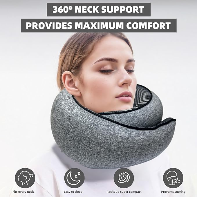 Premium Travel Pillow, 2025 New Memory Foam Neck Pillow, 360° Ergonomic Design Airplane Pillow Travel Pillows for Airplanes, Cars, Offices, Home Use, Ideal for Adults and Kids (Light Gray)