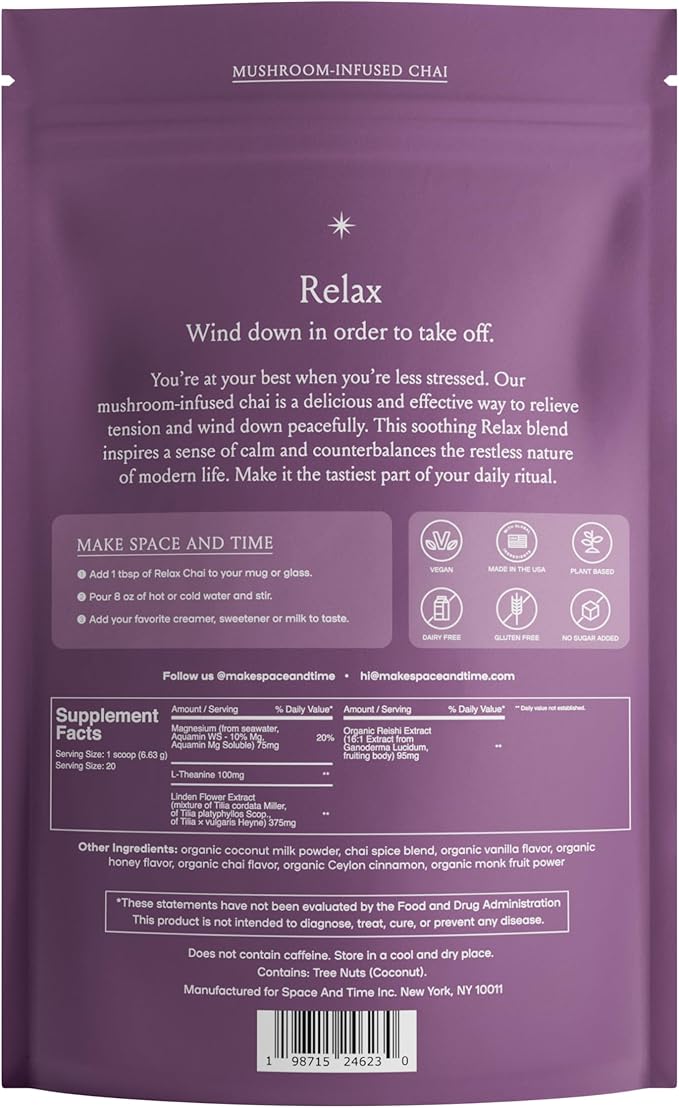 SPACE AND TIME Relax - Mushroom Chai Tea - 20 Cups of Calm & Relaxation - Mushroom Tea with Reishi, Magnesium & L-Theanine