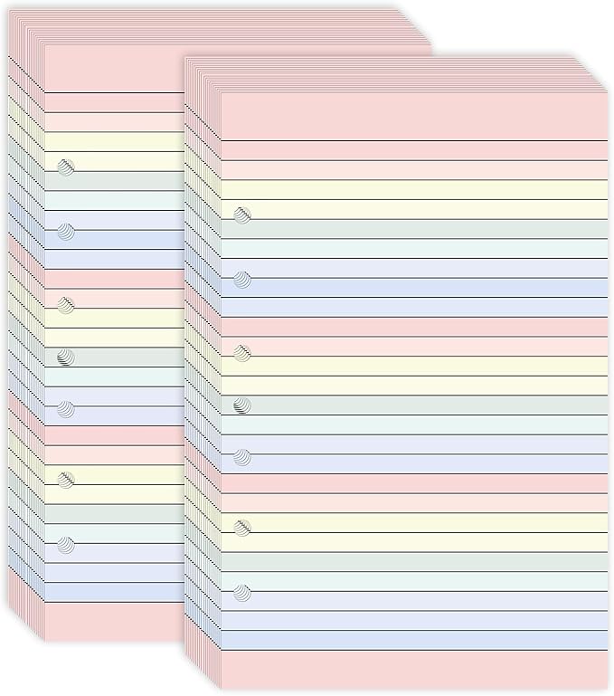 Colored Loose Leaf Paper 5.5" x 8.5" 7-Hole Lined Filler Paper College Ruled Notebook Refill Pad Pastel Colored Lined Refills Hole Punched Notebook Refills for 3 or 7 Ring Binders (100)