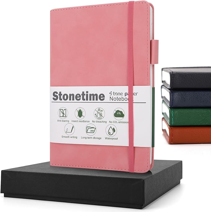 Stone Paper Notebook for Women Men, A5 Waterproof Notebook Hardcover Executive Journal, Ruled Notebooks for Writing, Business, Work ＆ School, 160 Pages Notebook with Gift Box (A5 Pink)
