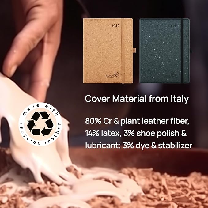 POPRUN 2025 Planner - 2025 Recycled Weekly Planner[6.5''x 8.5''- Italian Regenrated Leather Hard Cover] with Hourly Schedule & Vertical Weekly Layout, Monthly Tabs, Inner Pocket - Desert Brown