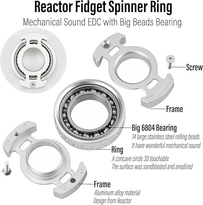 FREELOVE Ring Fidget Spinner for Adults, Men Finger Haptic Roller, Small Metal Clicker Toys, Ball Bearing, Black Fingears Spinning EDC for Anxiety Stress, Silver