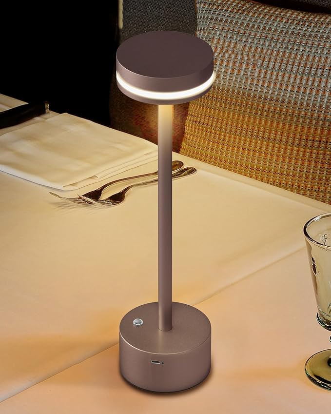 Modern Rechargeable Cordless Table Lamp, Aluminum Shell Dimmable Battery Powered Lamp, 4000mAh Certified Battery, 3000K Portable Warm White Bedside Lamp, Pack of 2 (Brown)