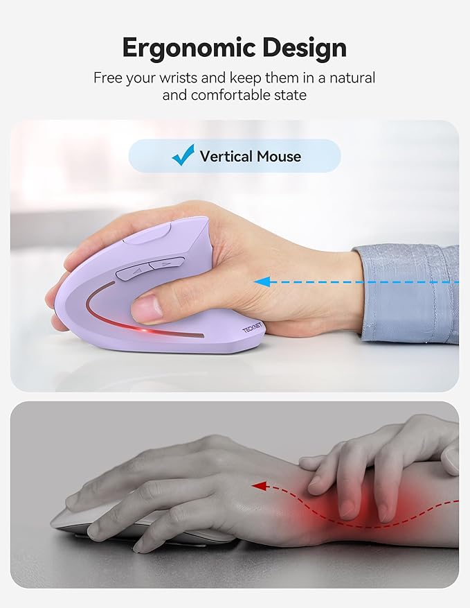 TECKNET Ergonomic Mouse, Rechargeable 2.4G+Bluetooth Vertical Mice 6 DPI Adjustable, Wireless Optical Carpal Tunnel Mouse for Right Hand, Silent 6 Buttons for Laptop, PC, MacBook, iPad - Light Purple
