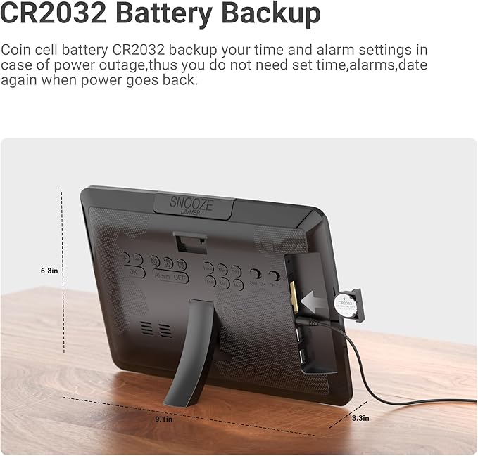 11.5” Digital Wall Clock with Date,Time,Week,Indoor Temperature,3 Alarms,5 Dimmer,2 USB Chargers,Battery Backup,Snooze,12/24H for Elderly,Parents,Impaired Vision,Dementia,Memory Loss,Office,Bedroom