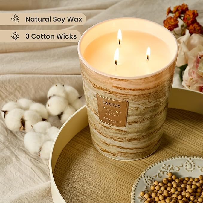 M&SENSE TobaccoVanilla Scented Candles for Home, 3-Wick Highly Scented Jar Candles, Extra Large Candle 35 Oz 150 Hours Long Lasting Burning, Relaxing Aromatherapy Candle for Stress Relief, Meditation
