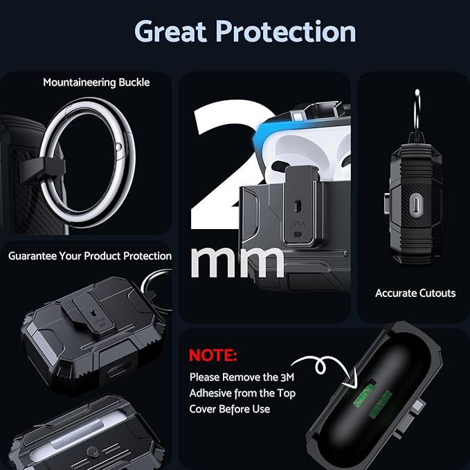 DASFOND Armor Cover Airpods 3 Generation Case, Military Grade Full Body Shockproof Protection Hard Case, Support Wireless Charging with Keychain, Magnetic Lid, Front LED Visible, Black