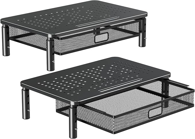 ELIVED 2 Pack Monitor Stand Riser with Drawer, 3 Height Adjustable with Larger Storage Space for Home and Office Supplies, Metal Desktop Stand for Laptop Computer Printer PC iMac