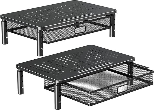 ELIVED 2 Pack Monitor Stand Riser with Drawer, 3 Height Adjustable with Larger Storage Space for Home and Office Supplies, Metal Desktop Stand for Laptop Computer Printer PC iMac