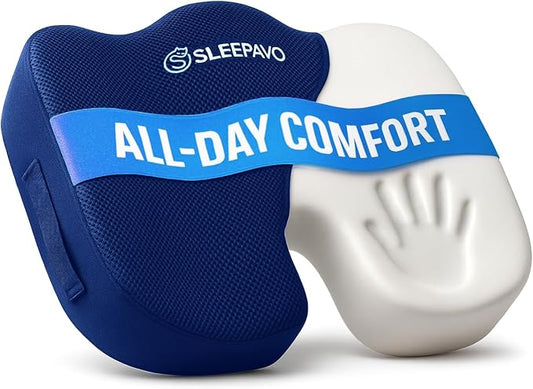 Sleepavo Navy Blue Memory Foam Seat Cushion for Office Chair - Pillow for Sciatica, Coccyx, Back, Tailbone and Lower Back Pain Relief - Orthopedic Chair Pad Lumbar Support in Office, Car, Airplane