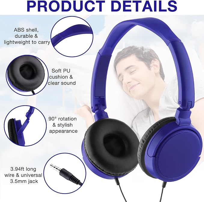 Yunsailing 18 Pack Classroom Headphones Bulk Student Wired Class Headphones Set for Kids School with Individually Wrapped Adjustable Over Ear Head Earbuds(Navy Blue)