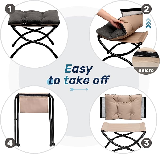 HollyHOME 15"(H) Folding Footrest Stool, Upholstered Small Foldable Ottoman, Accent Padded Sofa Foot Stool for Lazy Chair, Metal Frame Portable Foot Rest Ottoman for Living Room, Bedroom, Smoky Grey