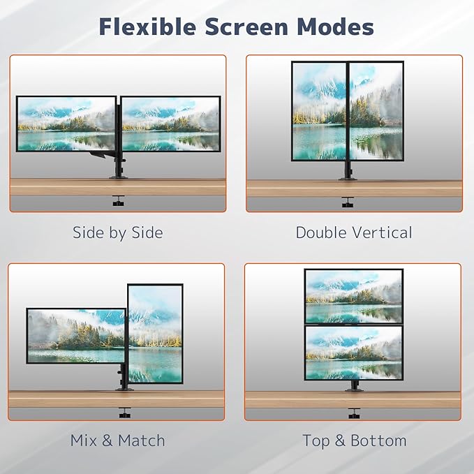 PUTORSEN Dual Monitor Stand for 17-32 Inch Screens,Holds up to 19.8lbs, Full Motion Adjustable Tilt Swivel Rotation, Space-Saving Desk Mount with C-Clamp & Grommet, VESA 75/100mm