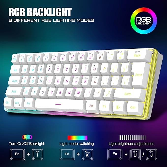 RedThunder 60% Wireless Gaming Keyboard and Mouse Combo, 2500mAh Rechargeable Battery, Ultra-Compact Small RGB Mechanical Feel Keyboard, Lightweight Honeycomb Optical Mouse for Gaming/Business, White