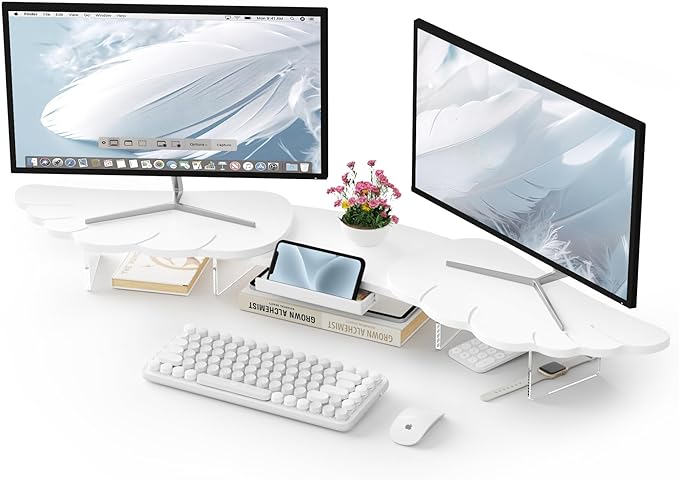 Dual Monitor Stand Riser, Wing-Shaped Sturdy Desktop Wood Stand for 2 Monitors, White Riser for Laptop, PC, Computer