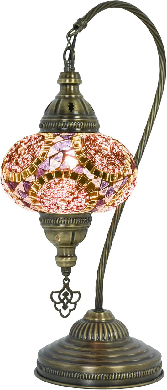 mozaist Tiffany Style Mosaic Table Lamp, Turkish Moroccan Authentic Desk Light for Rustic Living Room Decor, Handmade Vintage Antique Mosaic Decorative Light with E12 Socket & US Plug (Purple)