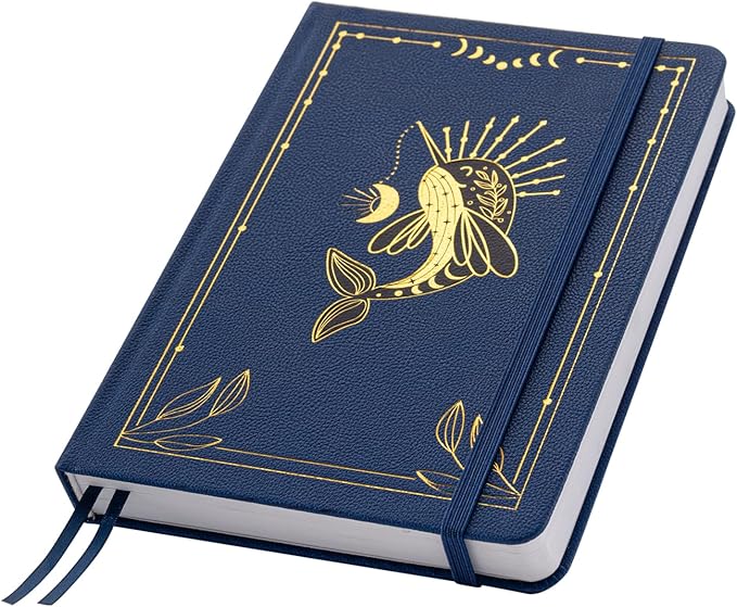 Dot Grid Journal with 160GSM Thick Paper, 192 Pages, A5 Dotted Notebook for Work, School, Travel | 180° Lay Flat, Foil Stamped Cover, Elastic Band, 2 Bookmarks & Inner Pocket,Dark Blue