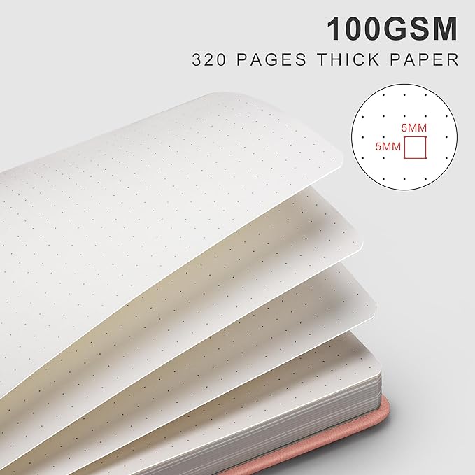 EMSHO A5 Hardcover Leather Dotted Journal - 320 Page Dot Grid Notebook for Women & Men, 100GSM Thick Paper, Ideal for Bullet Journaling, Work Notes, Sketching, Diary, School & Travel-pink