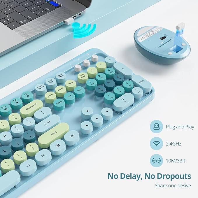 GTSP Typewriter Colorful Wireless Keyboard and Mouse Combo, 2.4GHz Full-Size Retro Cute Office Computer Keyboard with Round Keycaps for Desktop Laptop and PC (Light Blue)