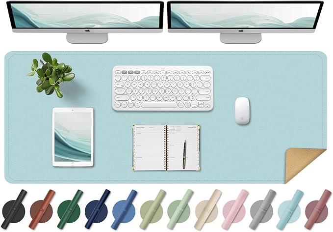 Large Desk Pad Mat - 47.2" x 17", Office Desk Mat - Non-Slip PU Leather & Cork Desk Blotter for Keyboard and Mouse - Light Blue