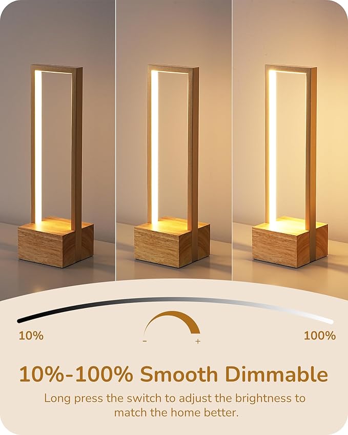 EDISHINE LED Table Lamp, Wooden Bedside Lamp with 3 Color Temperatures, Dimmable Square Nightstand Lamp for Bedroom Living Room, Complete Original Burlyood Color Base