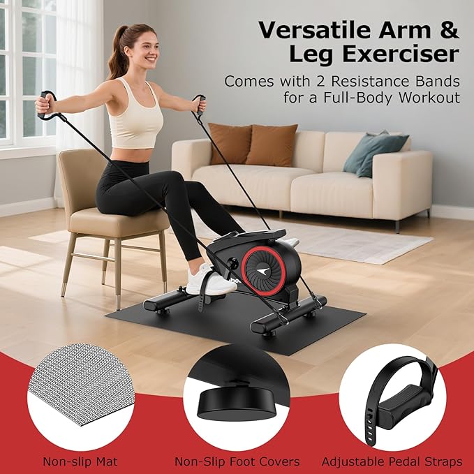 pooboo Under Desk Bike Pedal Exerciser, Quiet Magnetic Mini Exercise Bike with 16 Resistance Levels, Arm & Leg Workout, Resistance Bands & Non-Slip Mat for Home Office Therapy